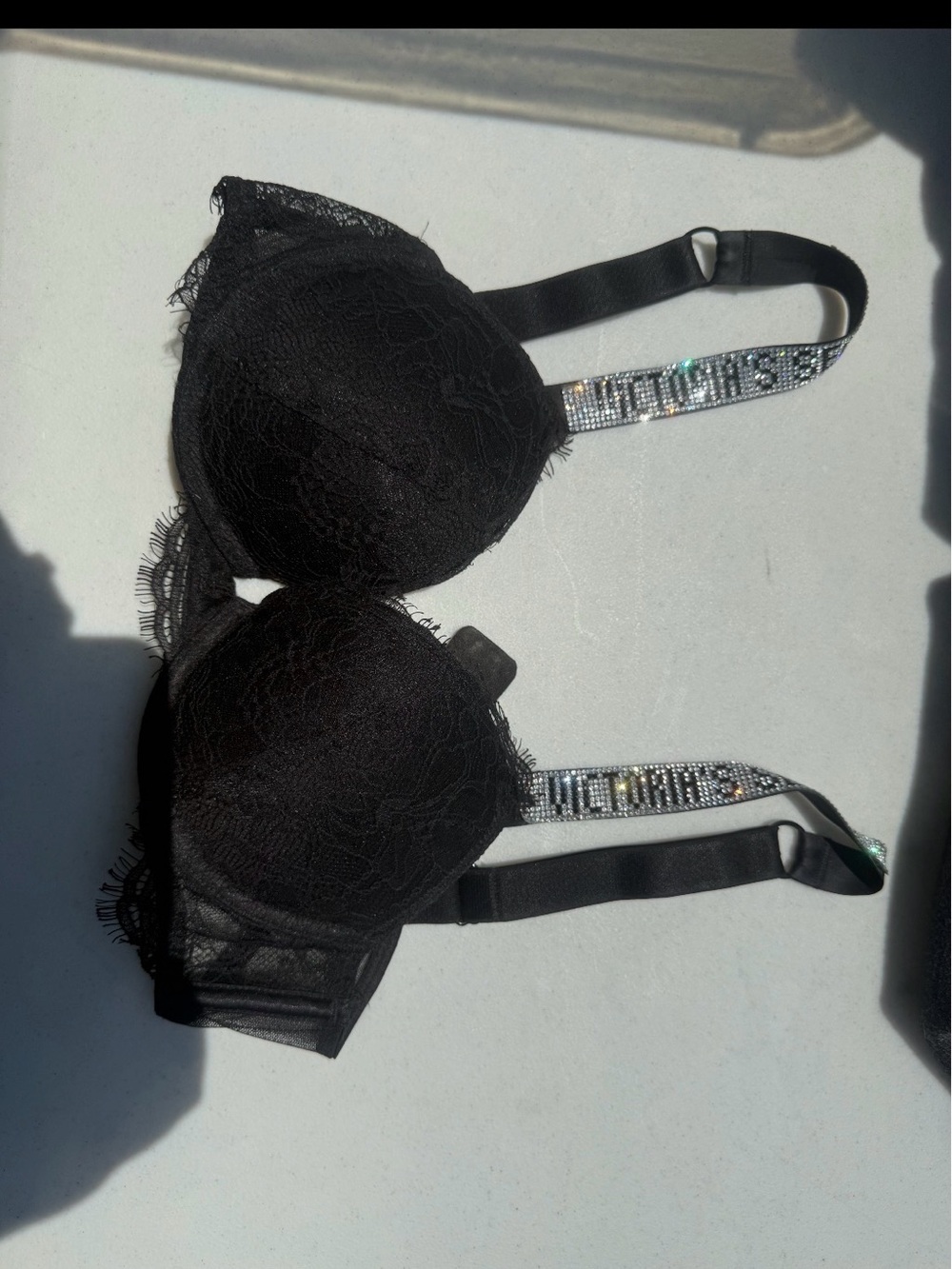 Victoria's Secret Black Lace Push-Up Bra with Rhinestone Logo Straps